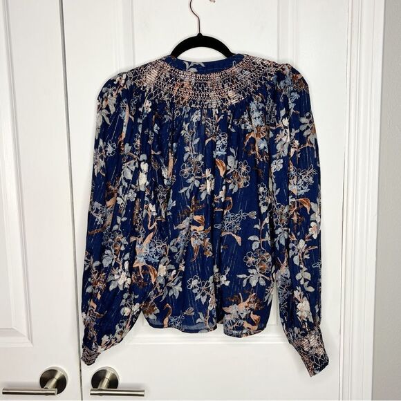 By Anthropologie Long-Sleeve Smocked Lurex Top Size S Blue Floral Print boho - Picture 8 of 13